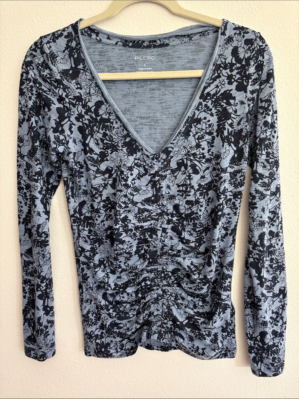 Anthropologie Pilcro Blue and Black Floral V-Neck Ruched Long Sleeve Top